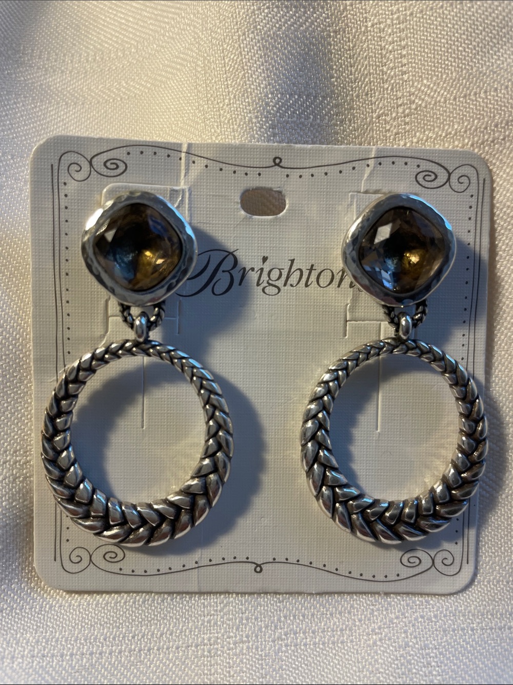 Brighton Silver-Tone Braided Hoop Earrings with Smoky Amber Stones